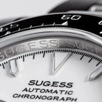 Sugess S418-2 white-dial chronograph with black ceramic bezel on steel bracelet, front view