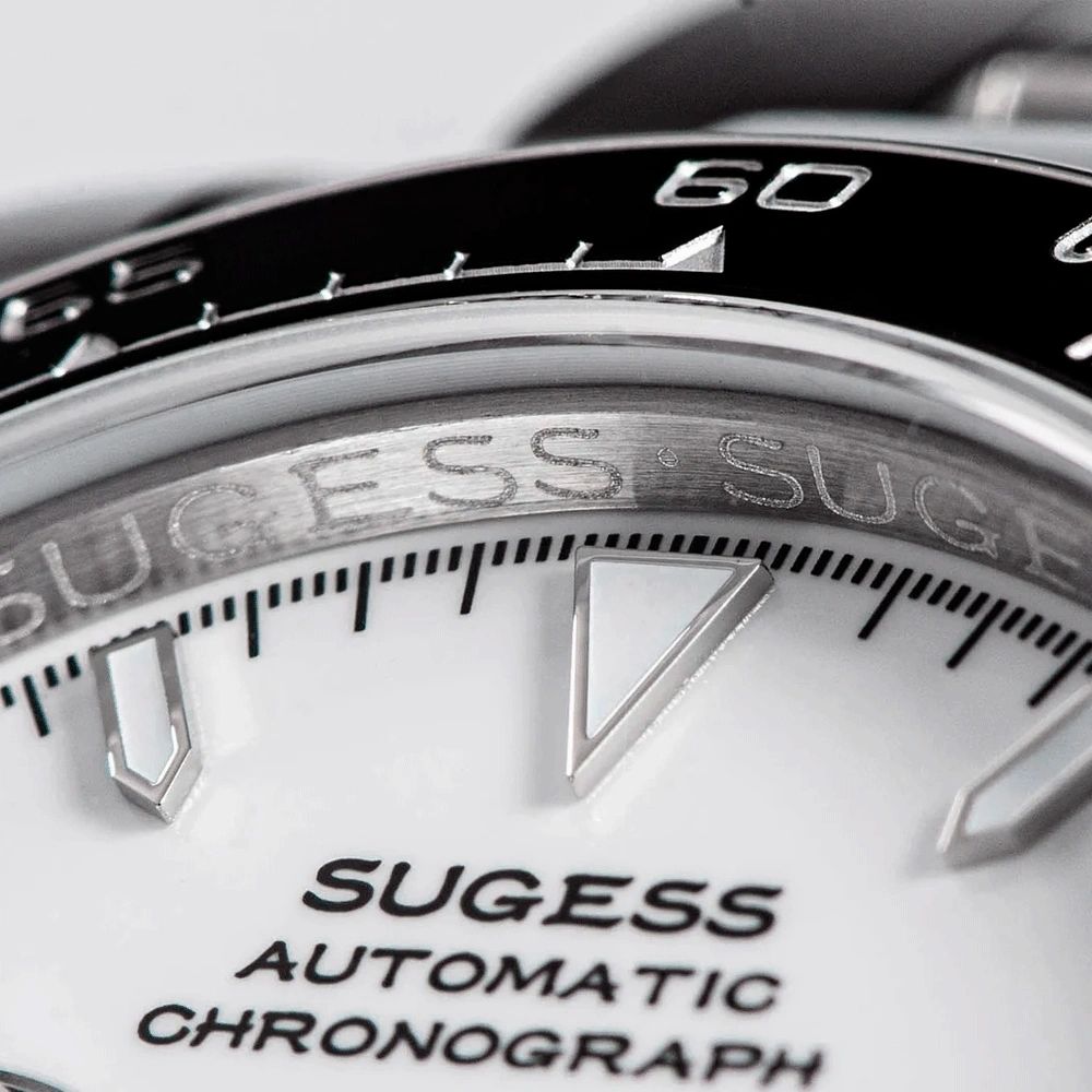 Sugess S418-2 white-dial chronograph with black ceramic bezel on steel bracelet, front view