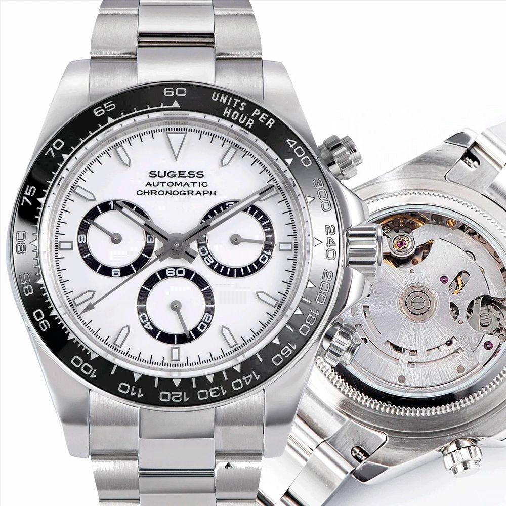 Sugess S418-2 automatic chronograph 39mm, white dial, black-ringed sub-dials, black ceramic bezel, steel bracelet, front
