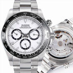 Sugess S418-2 automatic chronograph 39mm, white dial, black-ringed sub-dials, black ceramic bezel, steel bracelet, front
