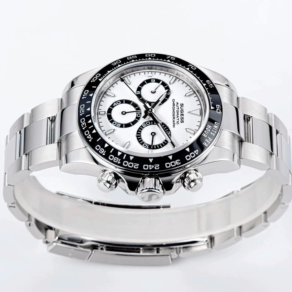 Sugess S418-2 white dial macro with SUGESS AUTOMATIC CHRONOGRAPH print and applied markers, close-up