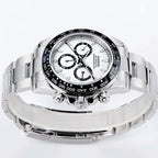 Sugess S418-2 white dial macro with SUGESS AUTOMATIC CHRONOGRAPH print and applied markers, close-up