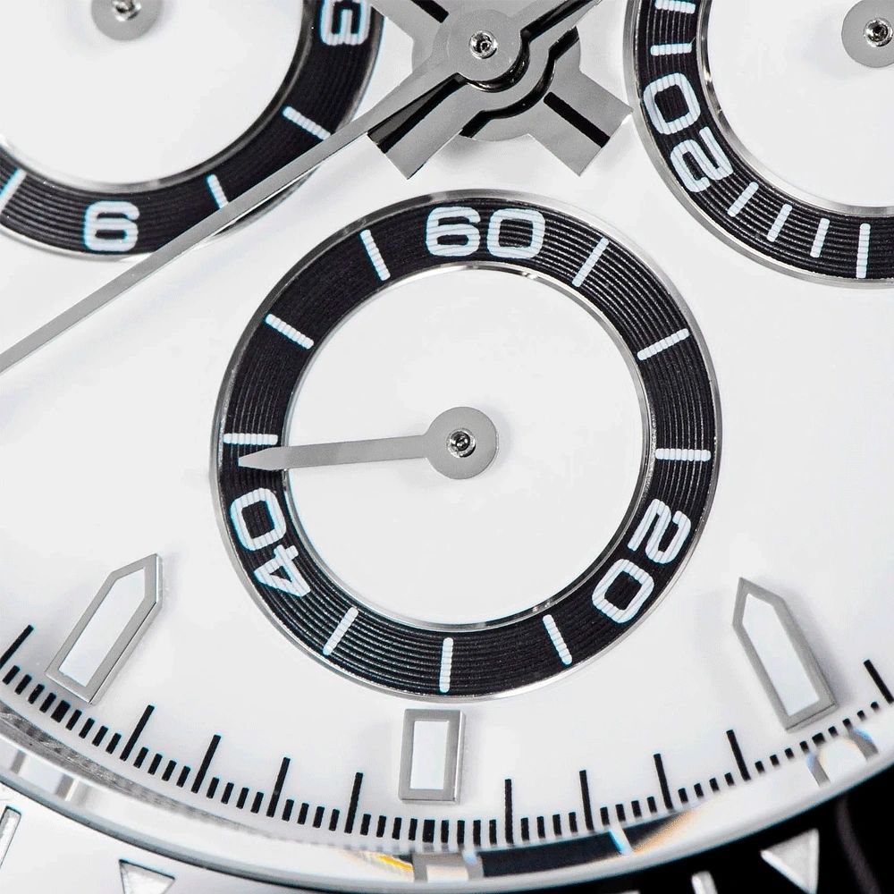Sugess S418-2 white dial running-seconds sub-dial macro, black ring and applied markers, close-up
