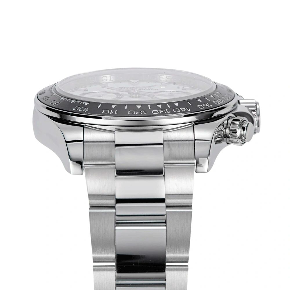 Sugess S418-2 white-dial chronograph side profile with S pushers and crown, steel bracelet