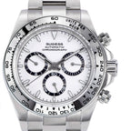 Sugess S418-2 white-dial chronograph with steel tachymeter bezel on steel bracelet, front view