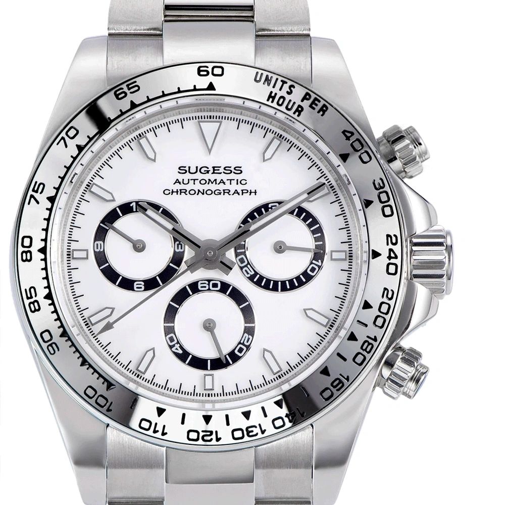 Sugess S418-2 white-dial chronograph with steel tachymeter bezel on steel bracelet, front view