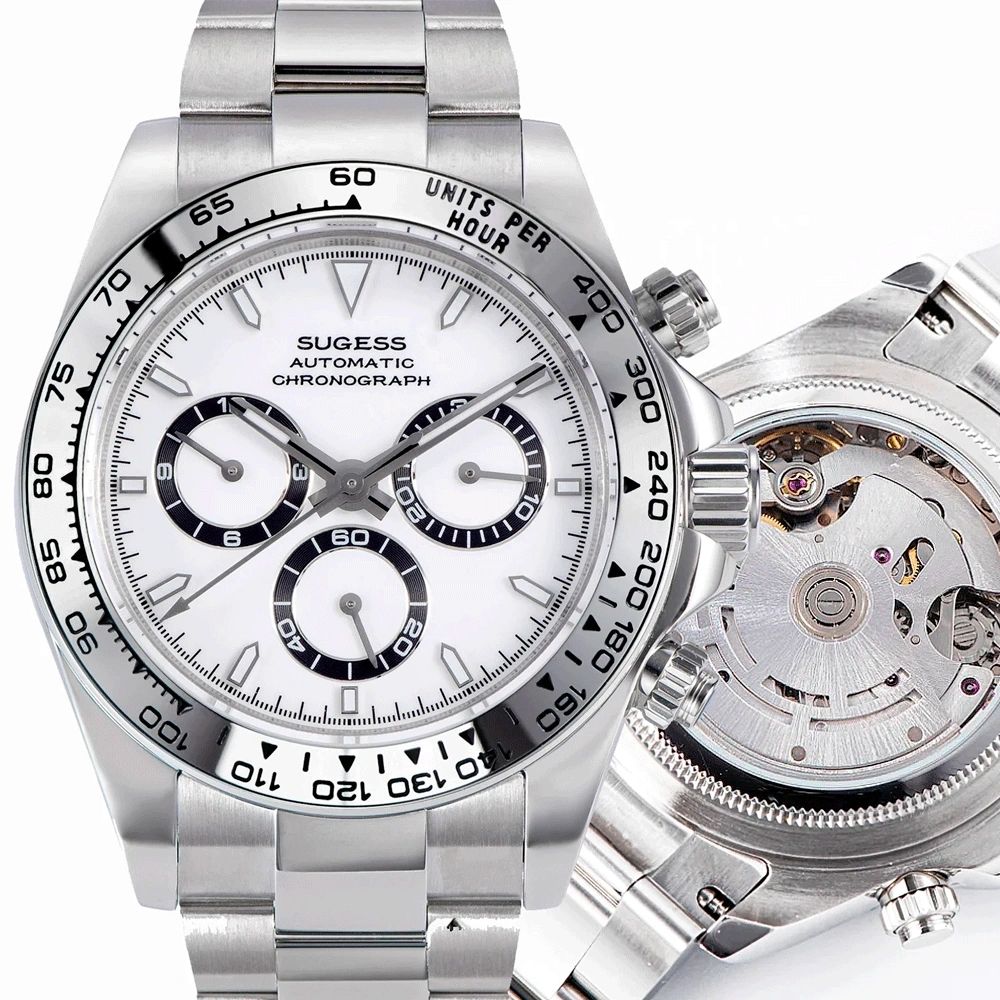Sugess S418-2 automatic chronograph 39mm, white dial, black-ringed sub-dials, steel bezel, steel bracelet, front view