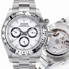 Sugess S418-2 automatic chronograph 39mm, white dial, black-ringed sub-dials, steel bezel, steel bracelet, front view