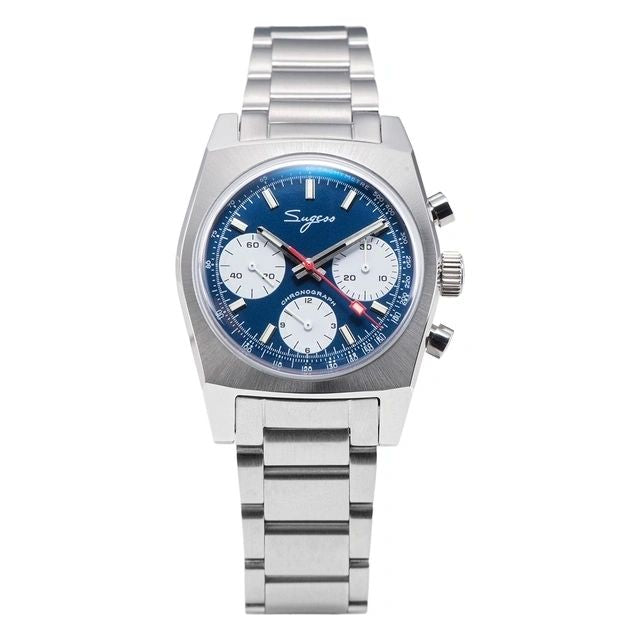 Sugess S419 ST1902 chronograph 37mm, blue dial, white sub-dials, steel bracelet, front product view