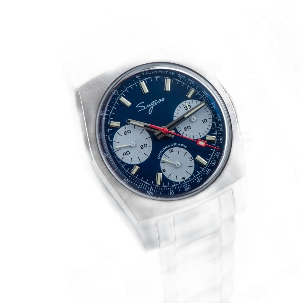 Sugess S419 ST1902 chronograph 37mm, blue dial, white sub-dials, steel bracelet, front view on white