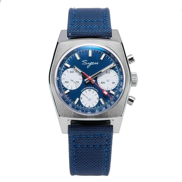 Sugess S419 ST1902 chronograph 37mm, blue dial, white sub-dials, blue canvas strap, front view