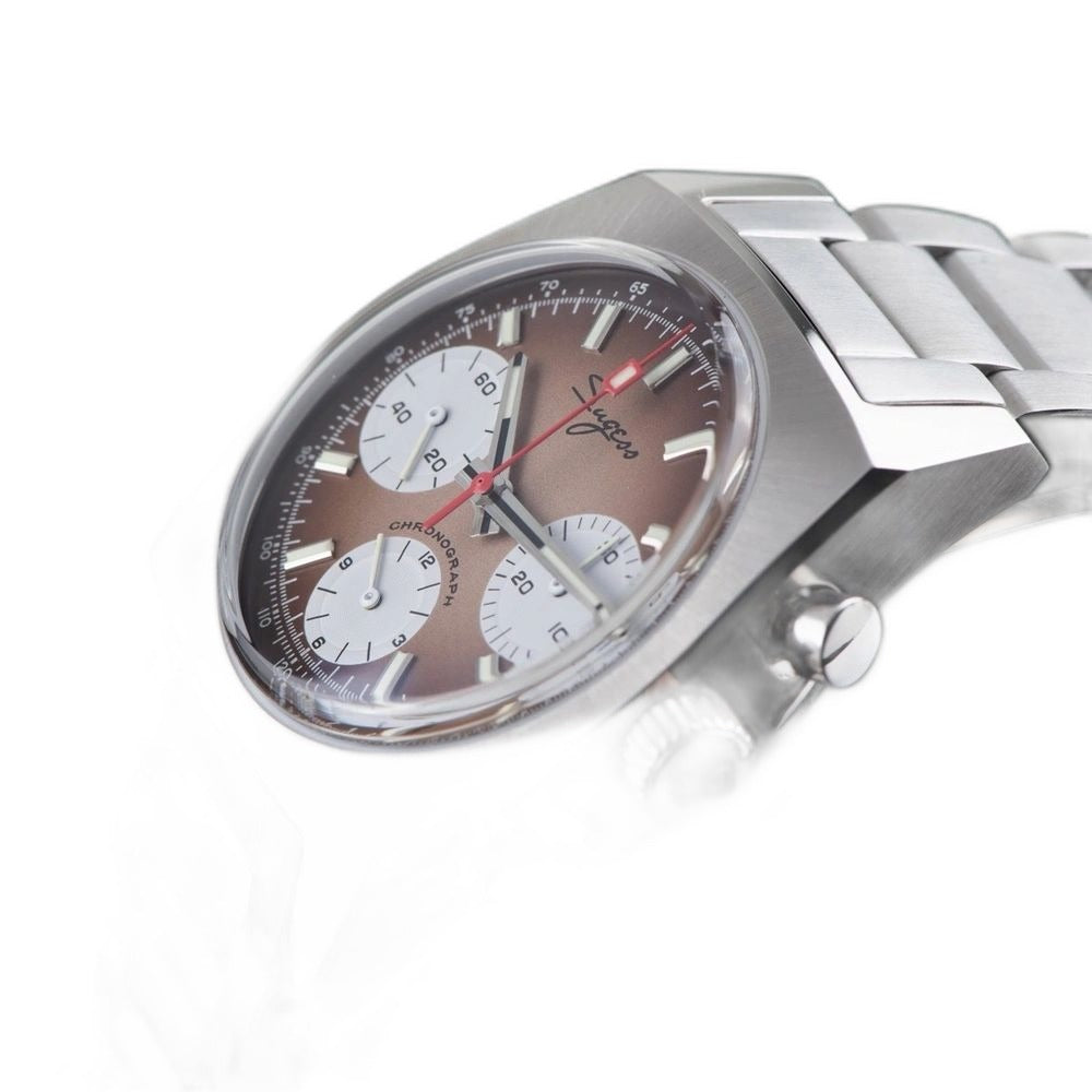 Sugess S419 brown gradient panda dial, silver sub-dials, steel bracelet, angled close-up view
