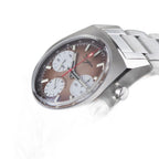 Sugess S419 brown gradient panda dial, silver sub-dials, steel bracelet, angled close-up view