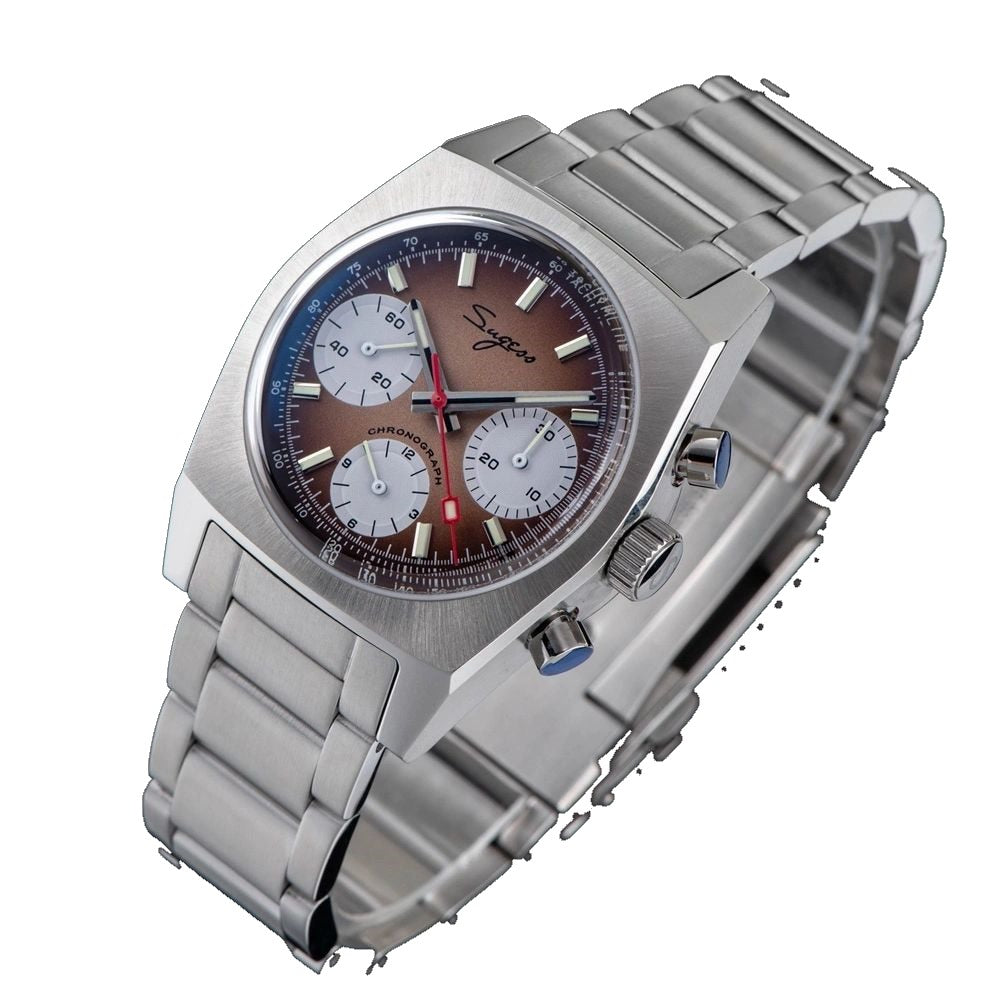 Sugess S419 brown gradient panda dial with silver sub-dials on steel bracelet, three-quarter angled view