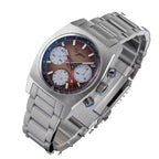 Sugess S419 brown gradient panda dial with silver sub-dials on steel bracelet, three-quarter angled view