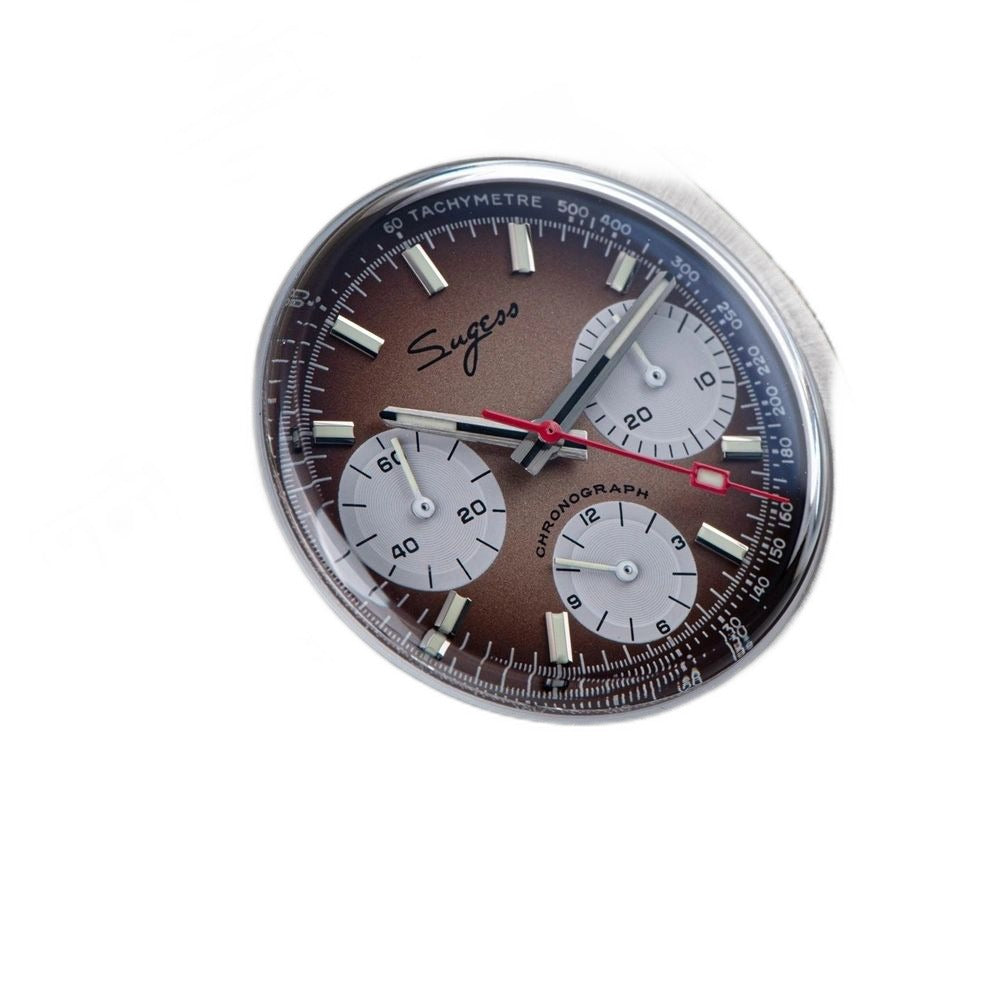 Sugess S419 ST1902 chronograph 37mm, brown gradient dial, silver sub-dials, steel bracelet, front-angled view