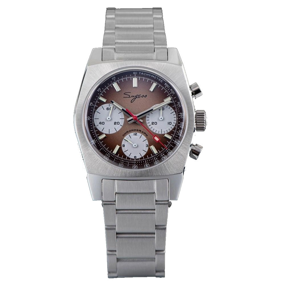 Sugess S419 ST1902 chronograph 37mm, brown gradient panda dial, silver sub-dials, steel bracelet, front view