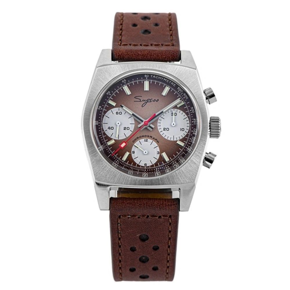 Sugess S419 ST1902 chronograph 37mm, brown gradient dial, silver sub-dials, brown perforated leather strap, front