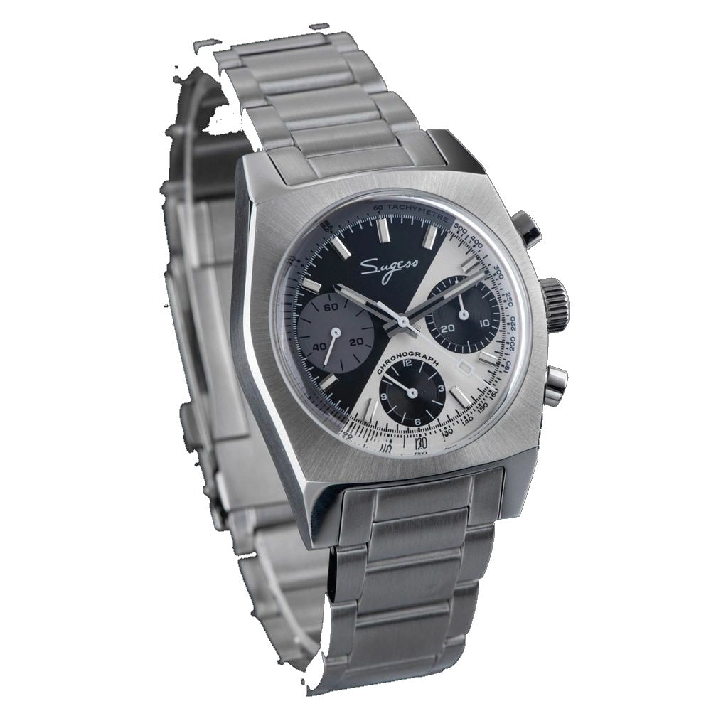 Sugess S419 dual color split black and silver dial on steel bracelet, angled product view on blue