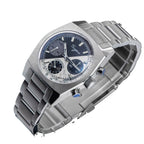 Sugess S419 dual color split black and silver dial on steel bracelet, three-quarter angled view