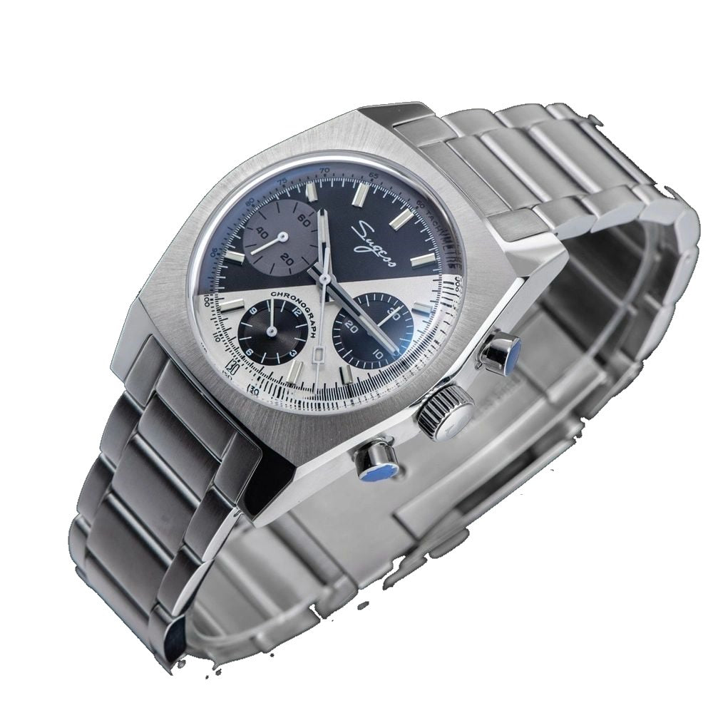 Sugess S419 dual color split black and silver dial on steel bracelet, three-quarter angled view