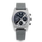 Sugess S419 ST1902 chronograph 37mm, dual color split black and silver dial, grey canvas strap, front view