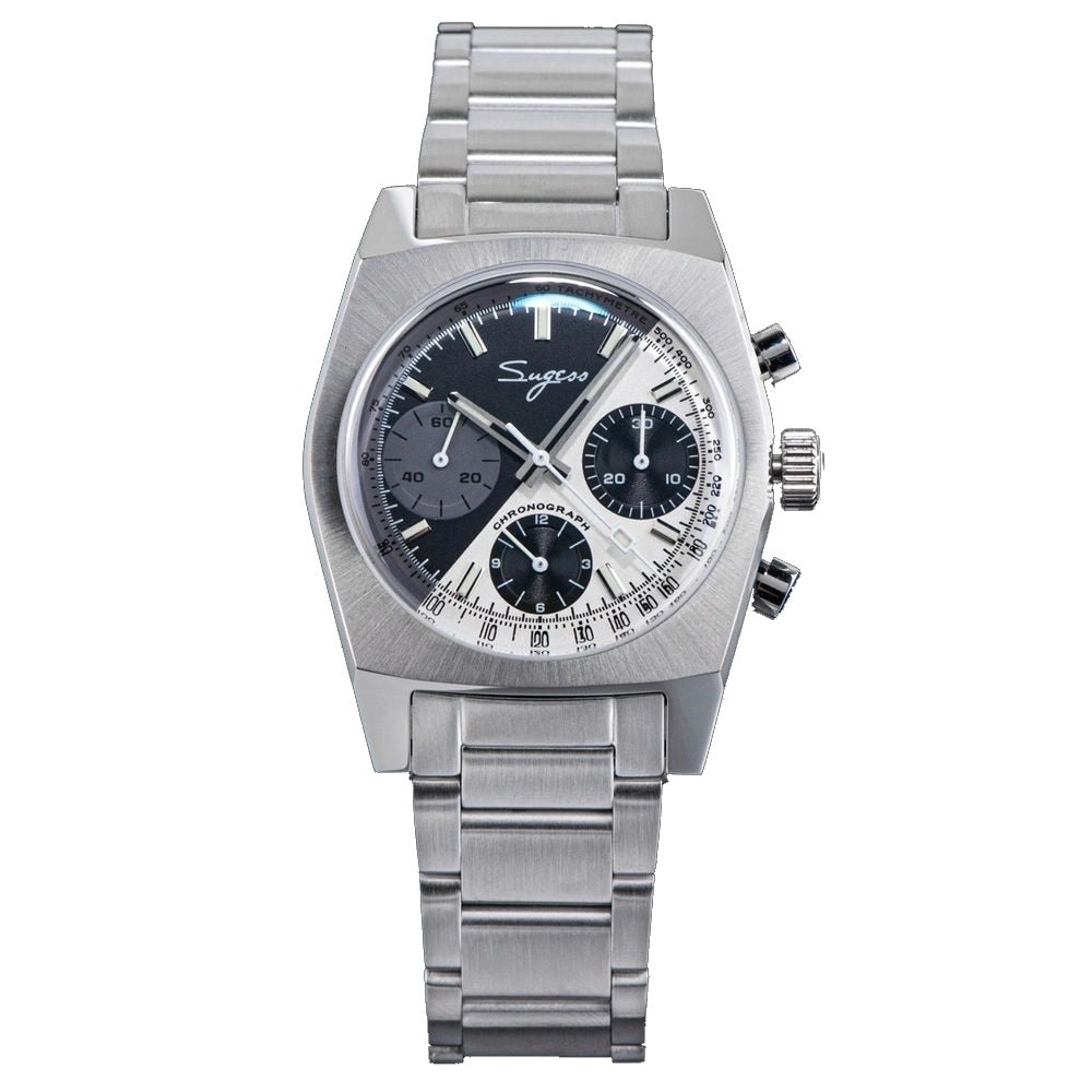 Sugess S419 ST1902 chronograph 37mm, dual color split black and silver dial, steel bracelet, front view