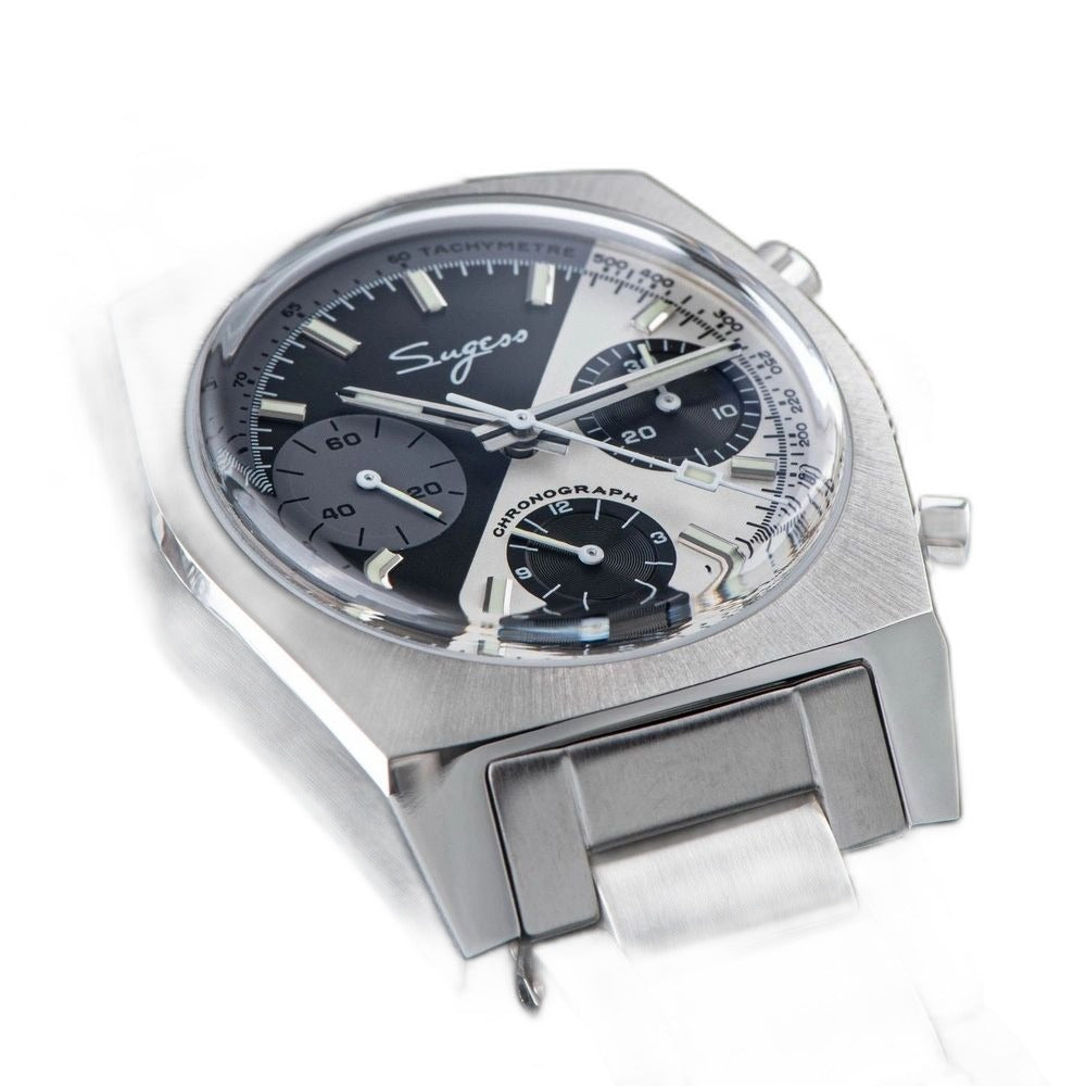 Sugess S419 dual color split dial macro, black upper half, silver lower half, applied markers, close-up