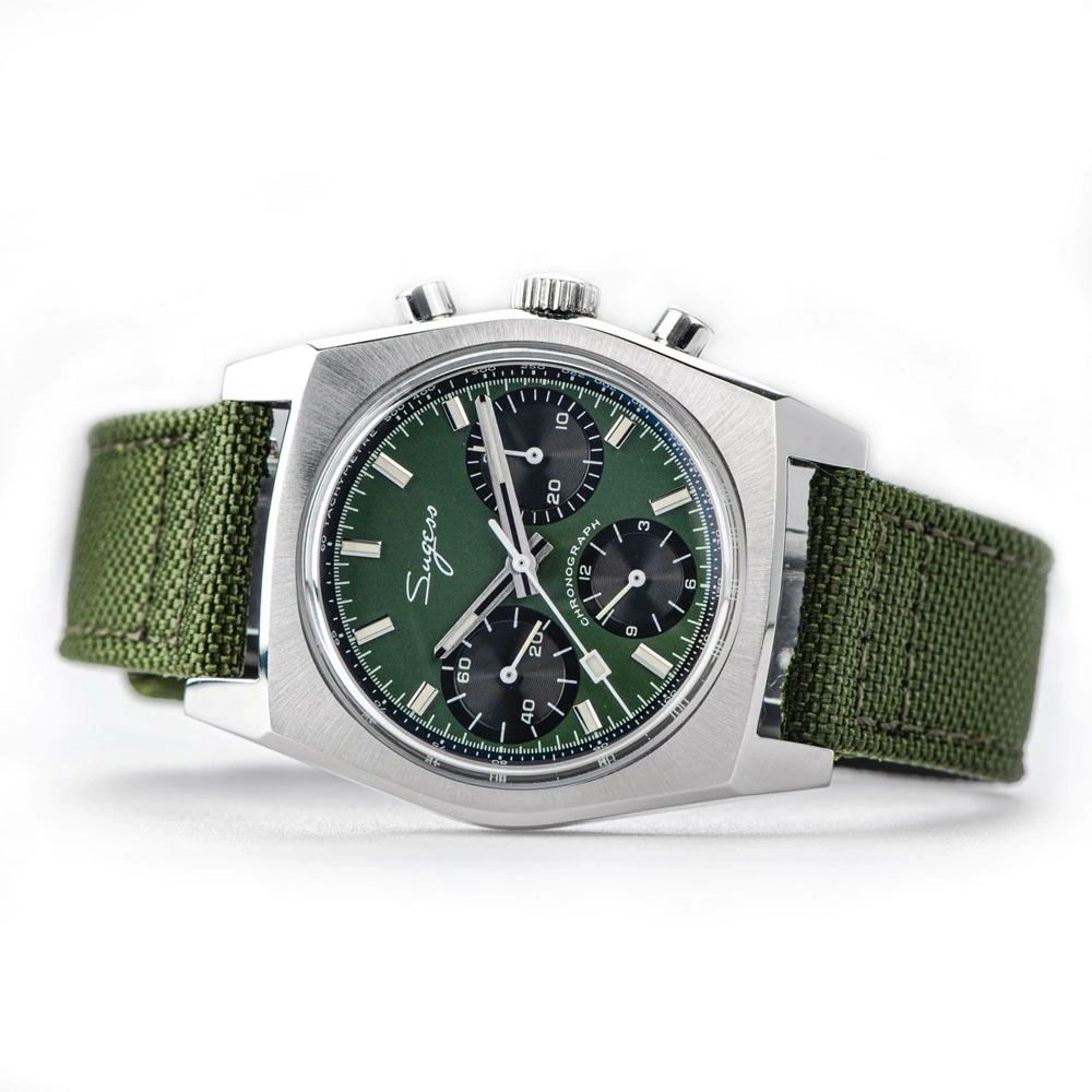 Sugess S419 green dial, black sub-dials, green canvas strap, front-angled studio product view