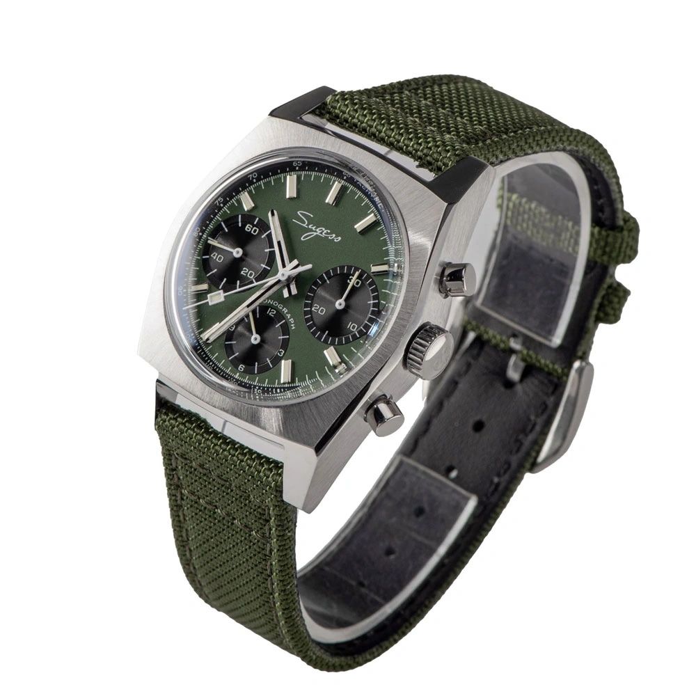 Sugess S419 green dial with black sub-dials, green canvas strap, three-quarter angled view