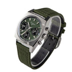 Sugess S419 green dial with black sub-dials, green canvas strap, three-quarter angled view