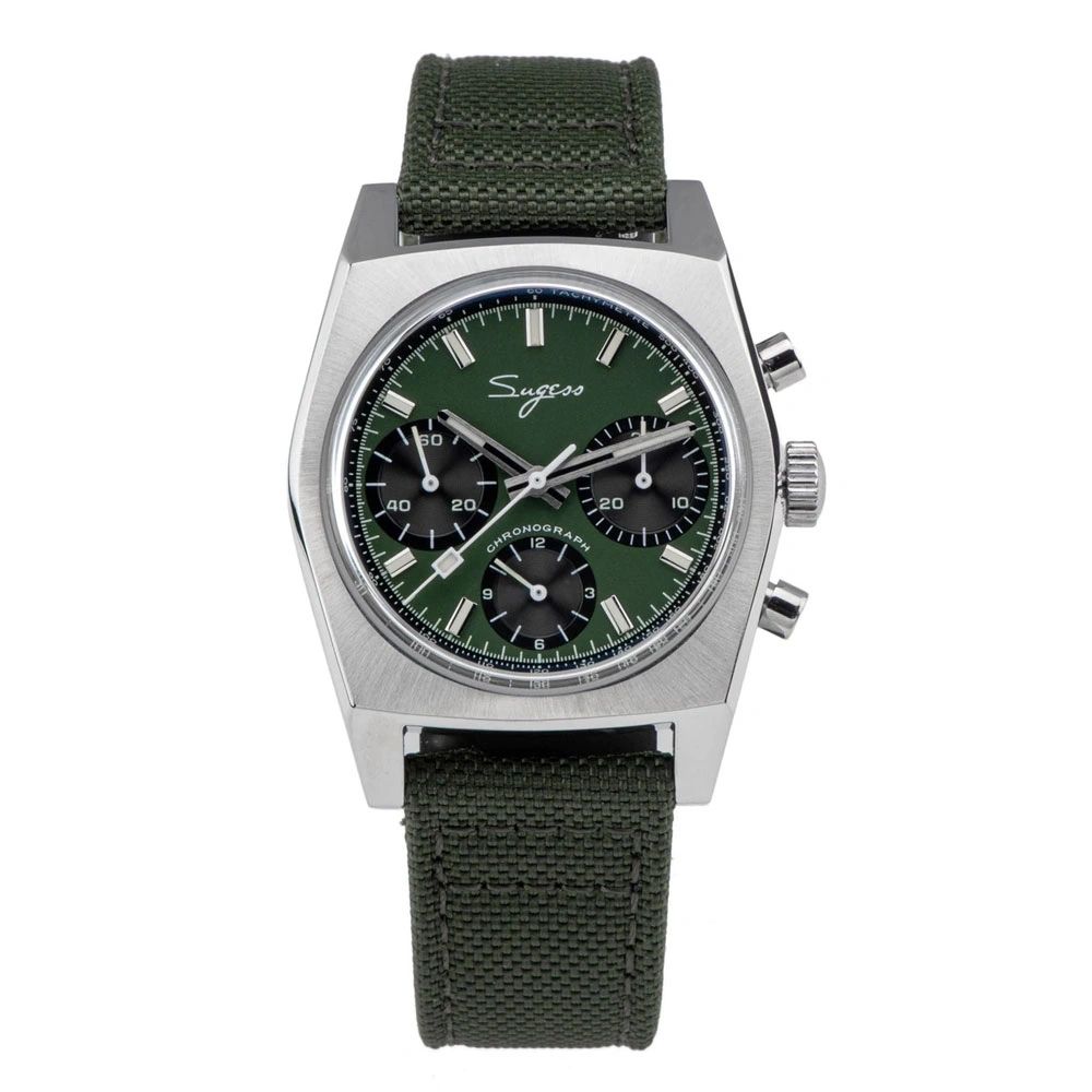 Sugess S419 ST1902 chronograph 37mm, green dial, black sub-dials, green canvas strap, front product view