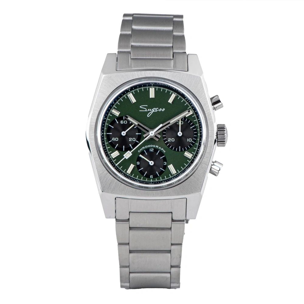 Sugess S419 ST1902 chronograph 37mm, green dial, black sub-dials, green canvas strap, front view
