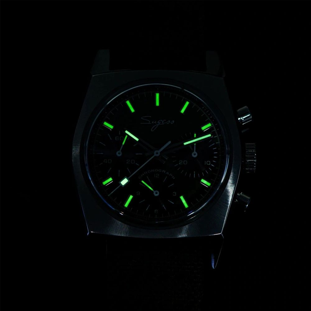 Sugess S419 chronograph dial glowing green lume in the dark, applied markers and hands, second close-up