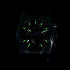 Sugess S419 chronograph dial glowing green lume in the dark, applied markers and hands, second close-up