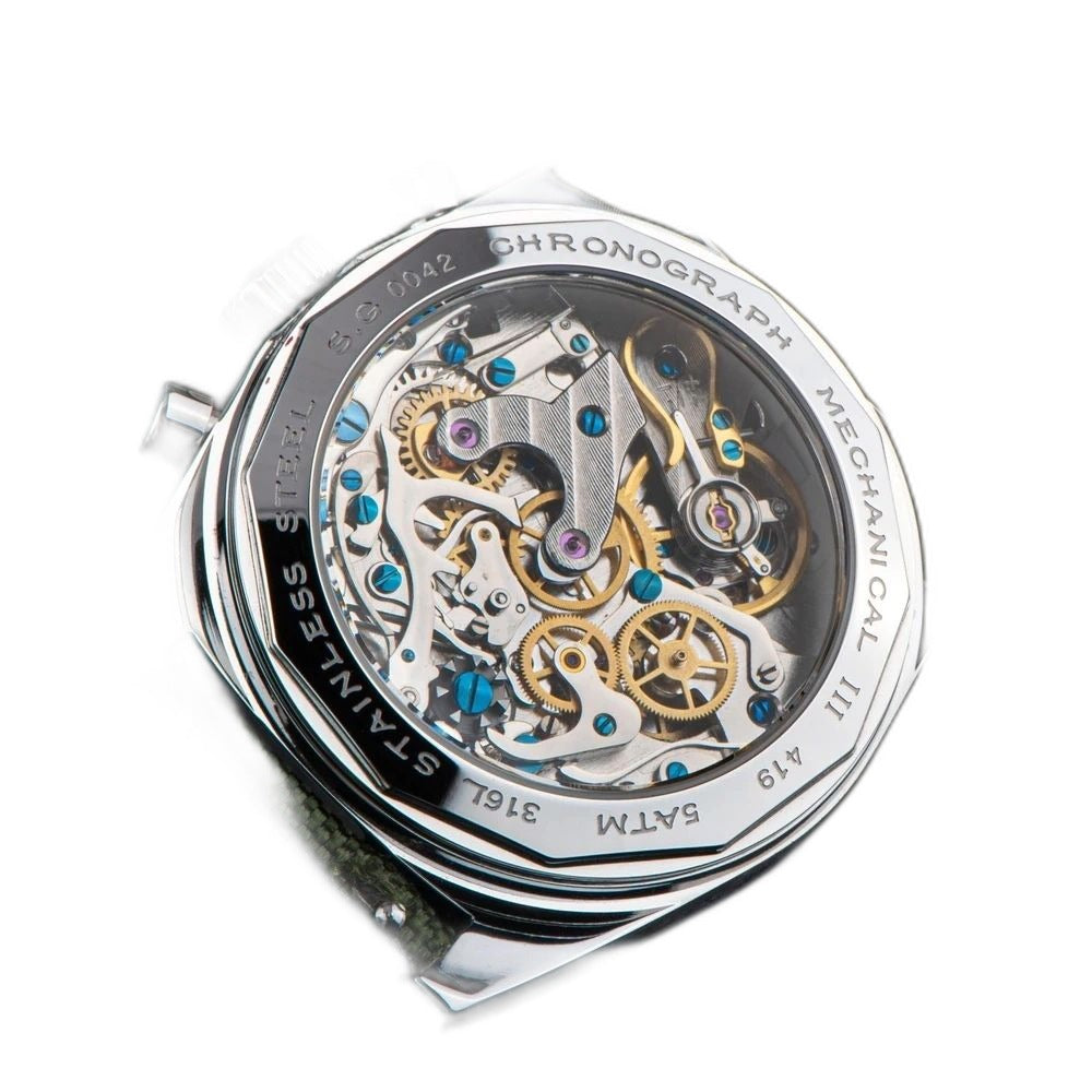 Sugess S419 exhibition caseback, ST1902 hand-wind chronograph movement with column wheel, steel bracelet