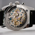 Sugess S419 exhibition caseback close-up, ST1902 hand-wind chronograph movement, 316L steel, green canvas