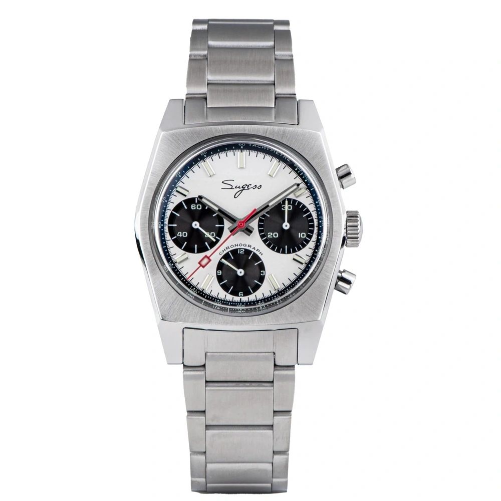 Sugess S419 ST1902 chronograph 37mm, silver panda dial with black sub-dials on steel bracelet, front on dark