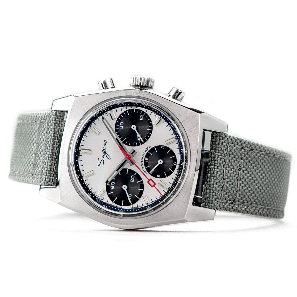 Sugess S419 ST1902 chronograph 37mm, silver panda dial, black sub-dials, steel bracelet, front studio view