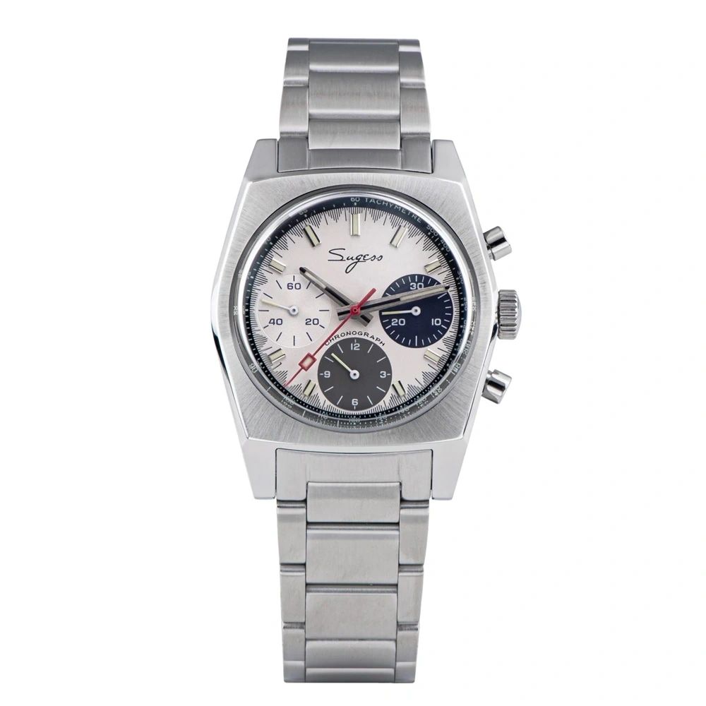 Sugess S419 ST1902 chronograph 37mm, silver panda dial, black sub-dials, steel bracelet, front product view