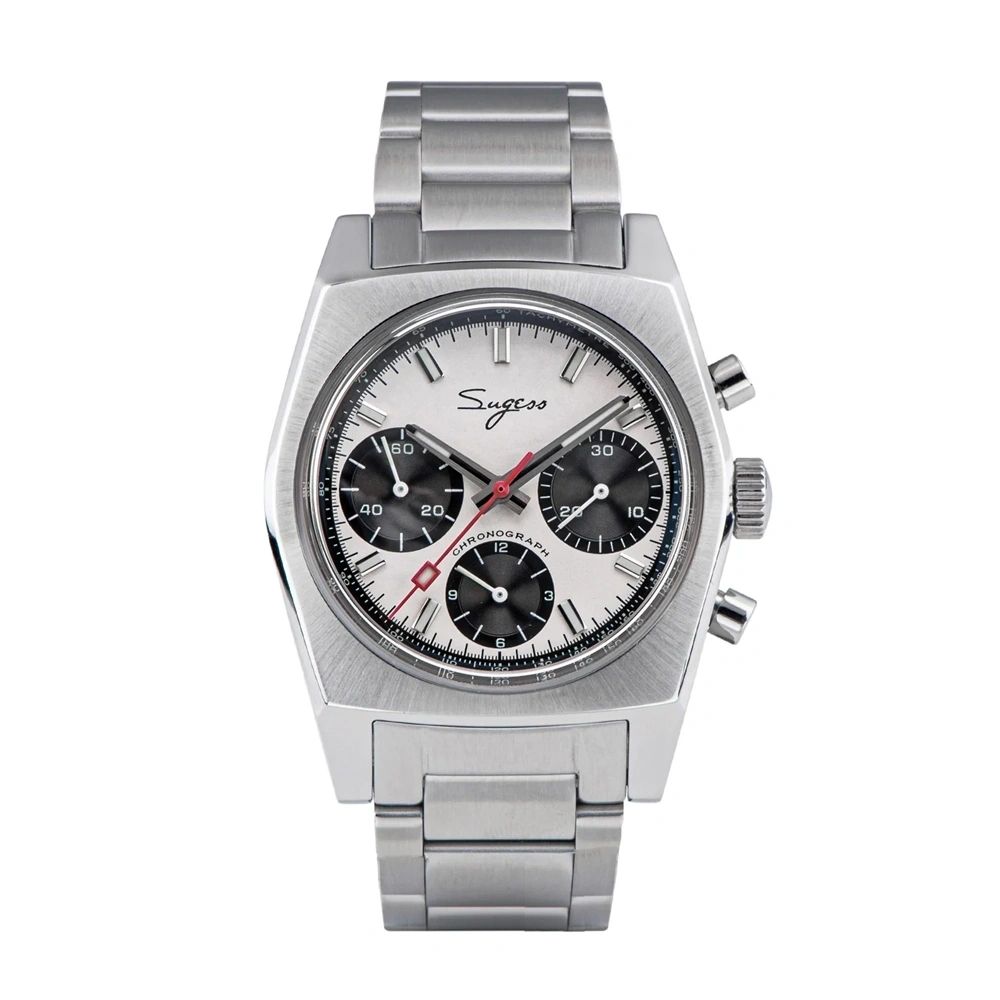Sugess S419 ST1902 chronograph 37mm, silver panda dial, black sub-dials, steel bracelet, front view