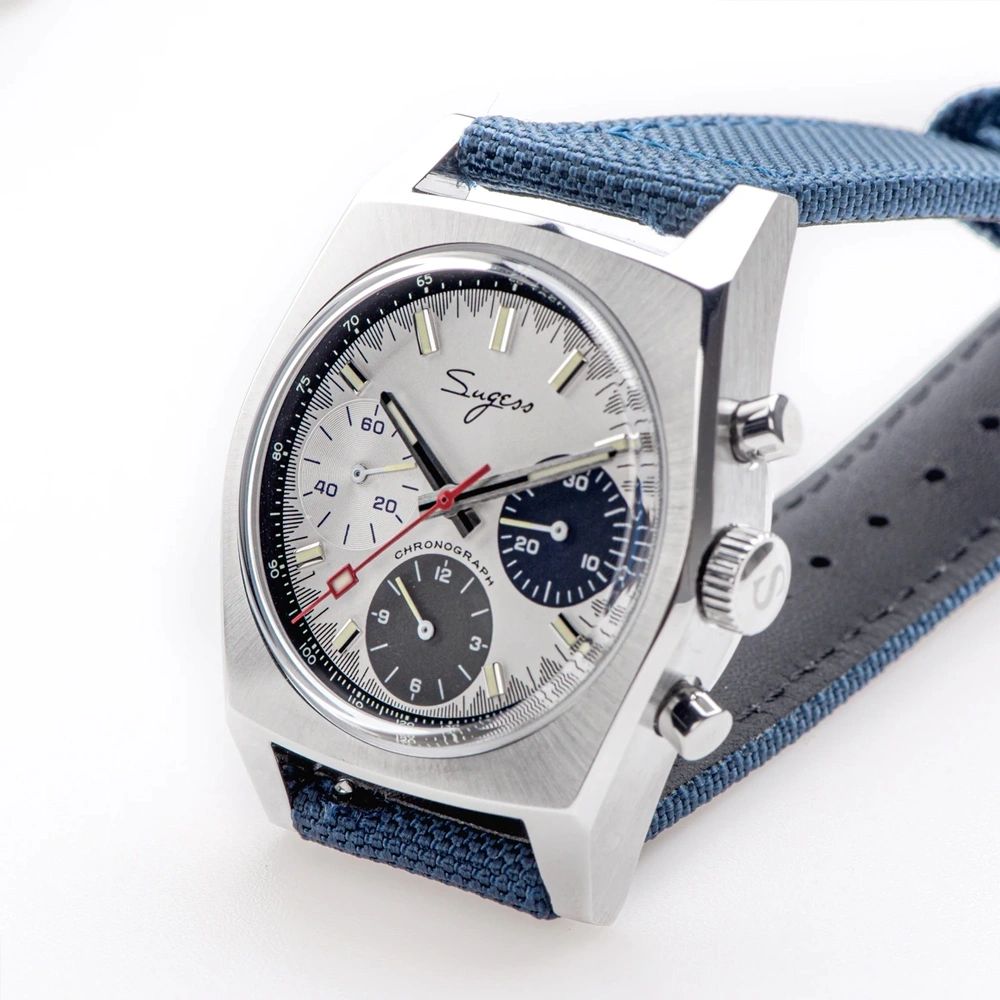 Sugess S419 special panda silver dial with navy and black sub-dials, blue canvas strap, three-quarter angled view