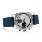 Sugess S419 ST1902 chronograph 37mm, special panda silver dial, navy and black sub-dials, blue canvas strap, front