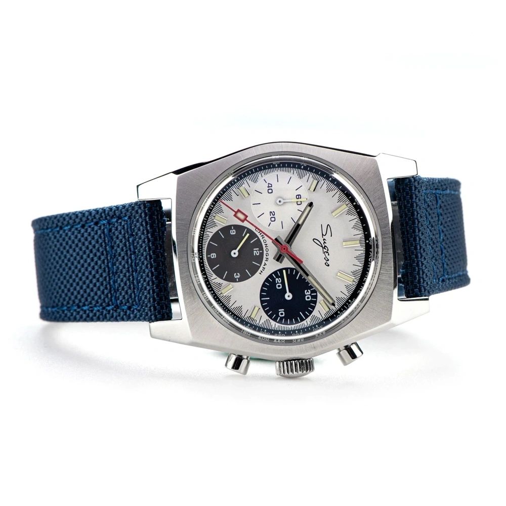 Sugess S419 ST1902 chronograph 37mm, special panda silver dial, navy and black sub-dials, blue canvas strap, front