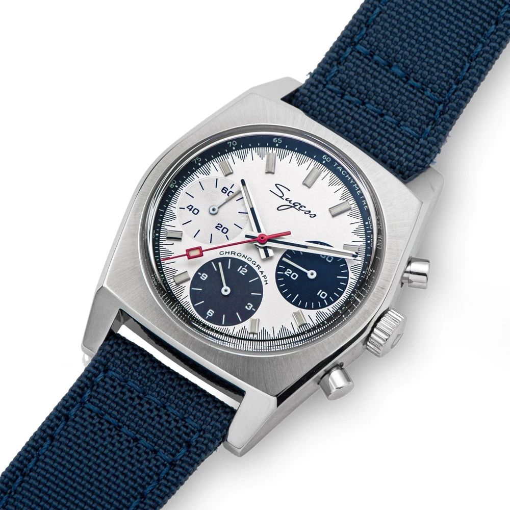 Sugess S419 ST1902 chronograph 37mm, special panda silver dial, navy sub-dials, blue canvas strap, front on white
