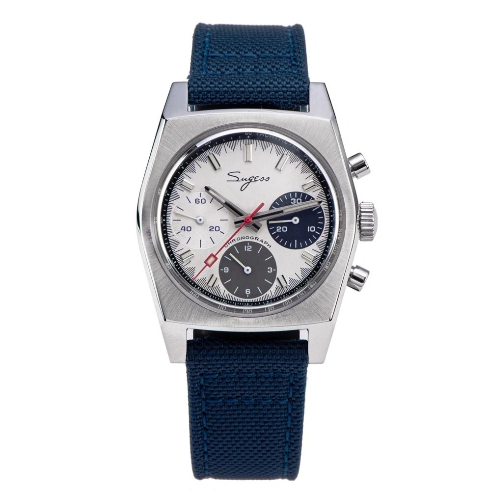 Sugess S419 ST1902 chronograph 37mm, special panda silver dial, navy and black sub-dials, navy canvas strap, front