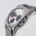 Sugess S419 white panda dial, black sub-dials, grey canvas strap, angled studio product view