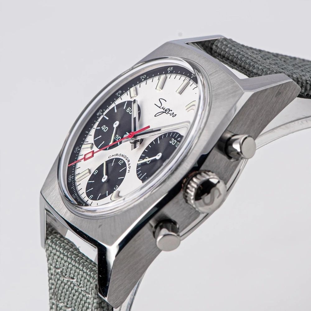 Sugess S419 white panda dial, black sub-dials, grey canvas strap, angled studio product view