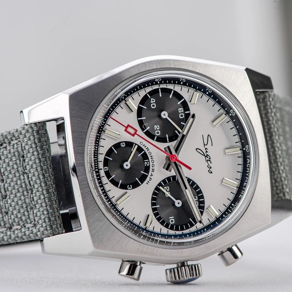 Sugess S419 white panda dial, black sub-dials, grey canvas strap, angled front-quarter view on white