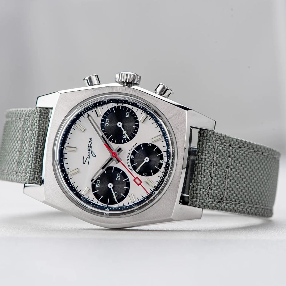 Sugess S419 white panda dial, black sub-dials, grey canvas strap, angled hero product view on grey